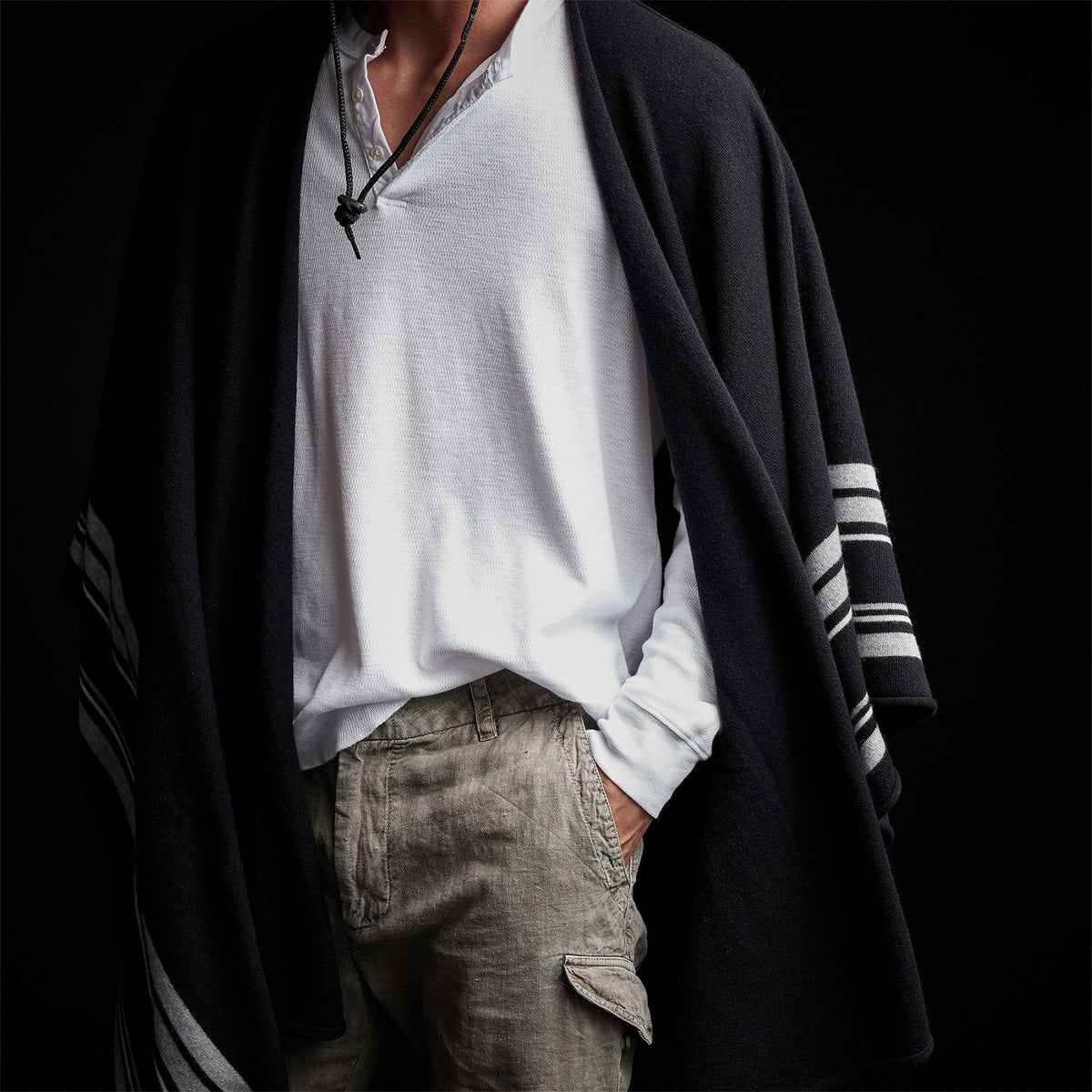 Recycled Cashmere Striped Poncho in Black | James Perse Los Angeles