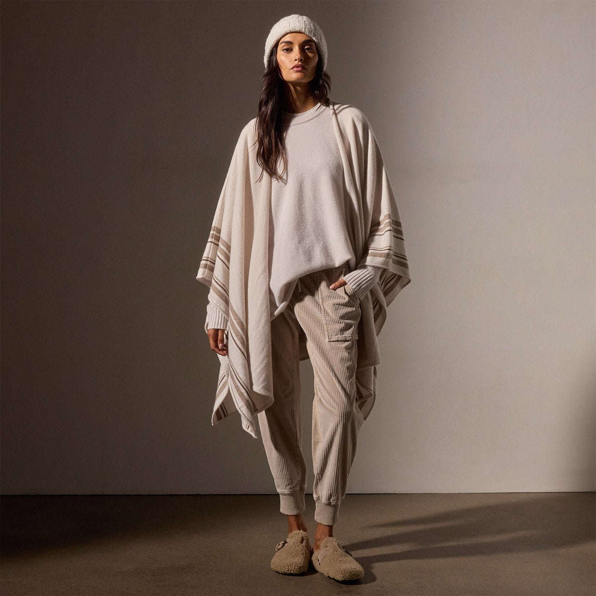 Recycled Cashmere Striped Poncho in Pearl | James Perse Los Angeles / Womens
