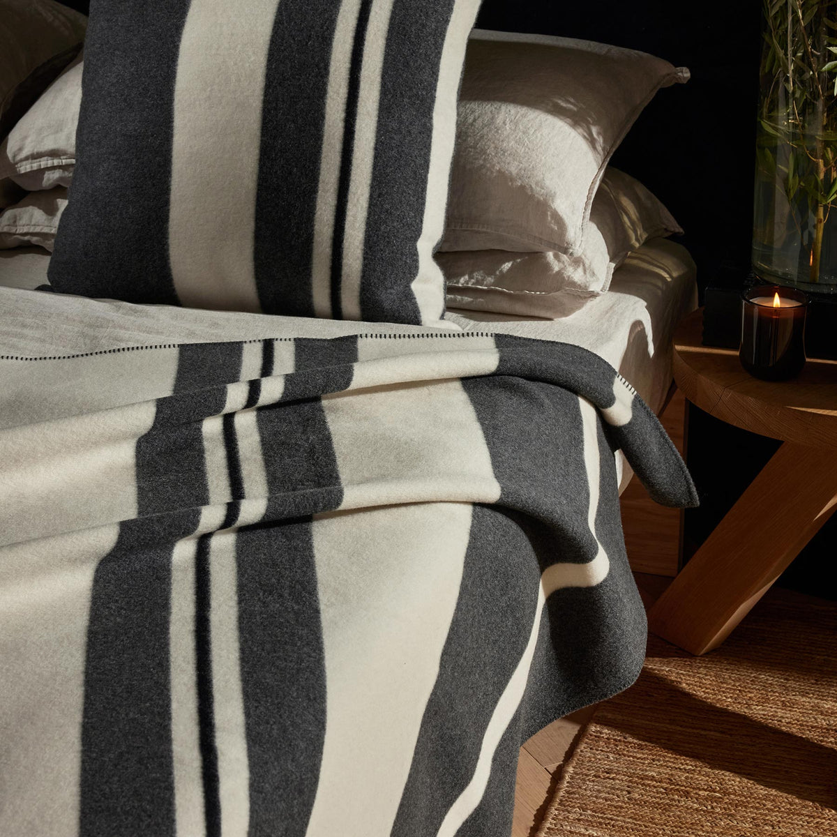 Wool Cashmere Stripe Blanket in Ivory/Charcoal/Black | James Perse Los Angeles