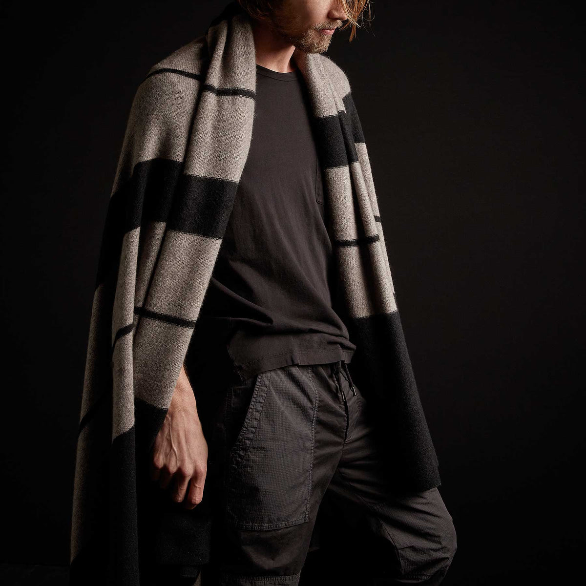 Double Stripe Repeat Blanket - Black/Taupe Melange | James Perse Los Angeles