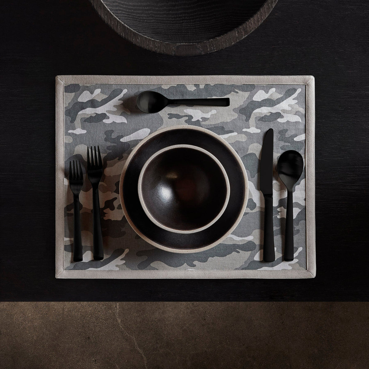 Camo Placemat w/ Suede Trim in Arctic Camo/Light Grey | James Perse Los Angeles