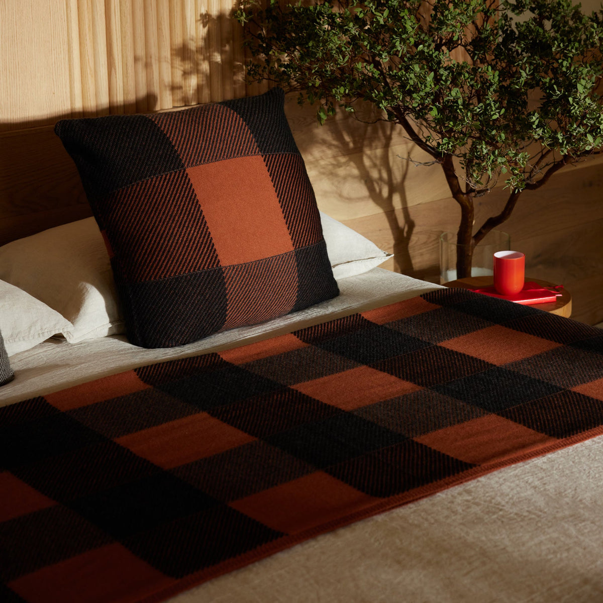 Vintage Plaid Cashmere Blanket in Burnt Orange/ Charcoal/ Black | James Perse Los Angeles