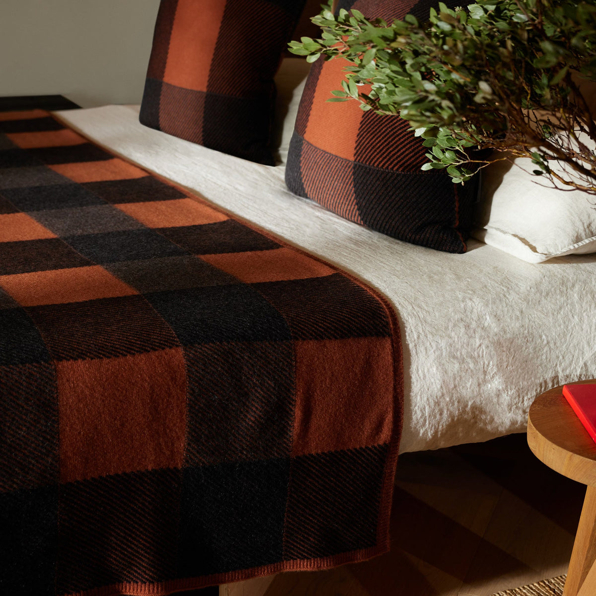 Vintage Plaid Cashmere Blanket in Burnt Orange/ Charcoal/ Black | James Perse Los Angeles
