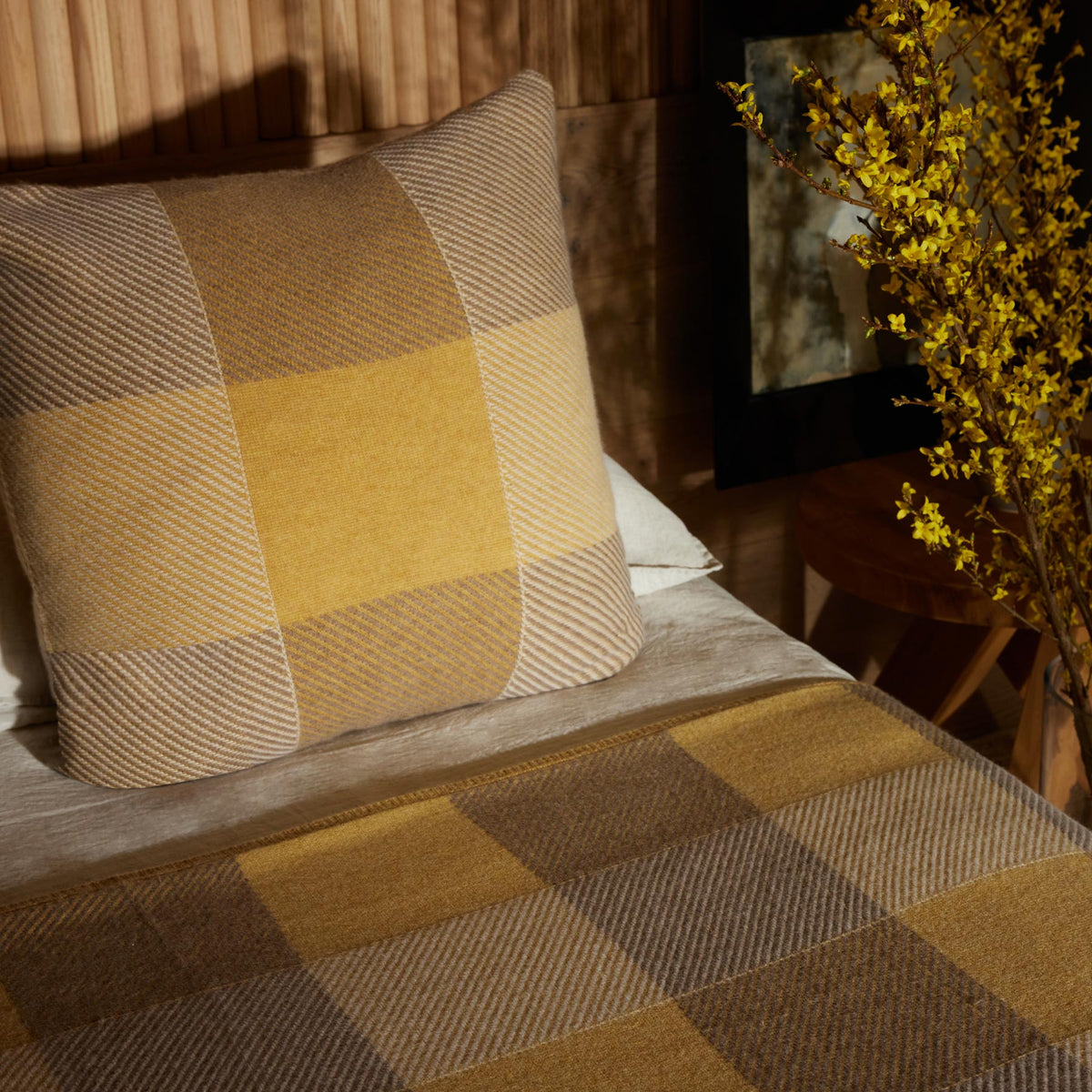 Vintage Plaid Cashmere Blanket in Vintage Yellow/ Flannel/ Ivory | James Perse Los Angeles