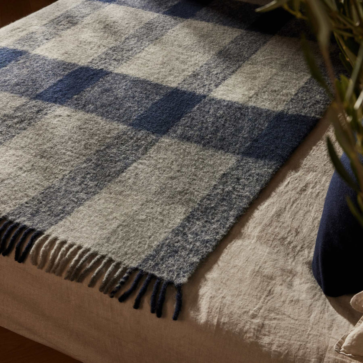 Plaid Alpaca Wool Throw in Navy | James Perse Los Angeles