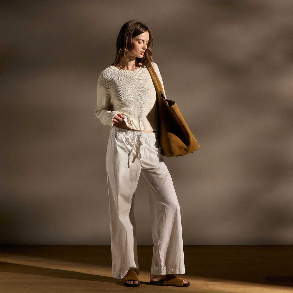 Cotton Linen V Neck Boxy Sweater In Off White | James Perse Los Angeles