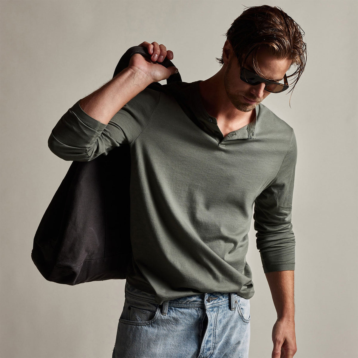 Brushed Elevated Jersey Long Sleeve Henley in Alligator | James Perse Los Angeles