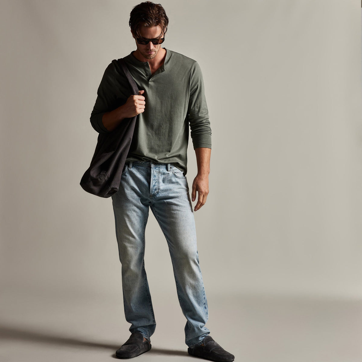 Brushed Elevated Jersey Long Sleeve Henley in Alligator | James Perse Los Angeles