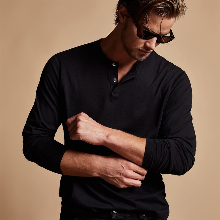 Brushed Elevated Jersey Long Sleeve Henley in Black | James Perse Los Angeles