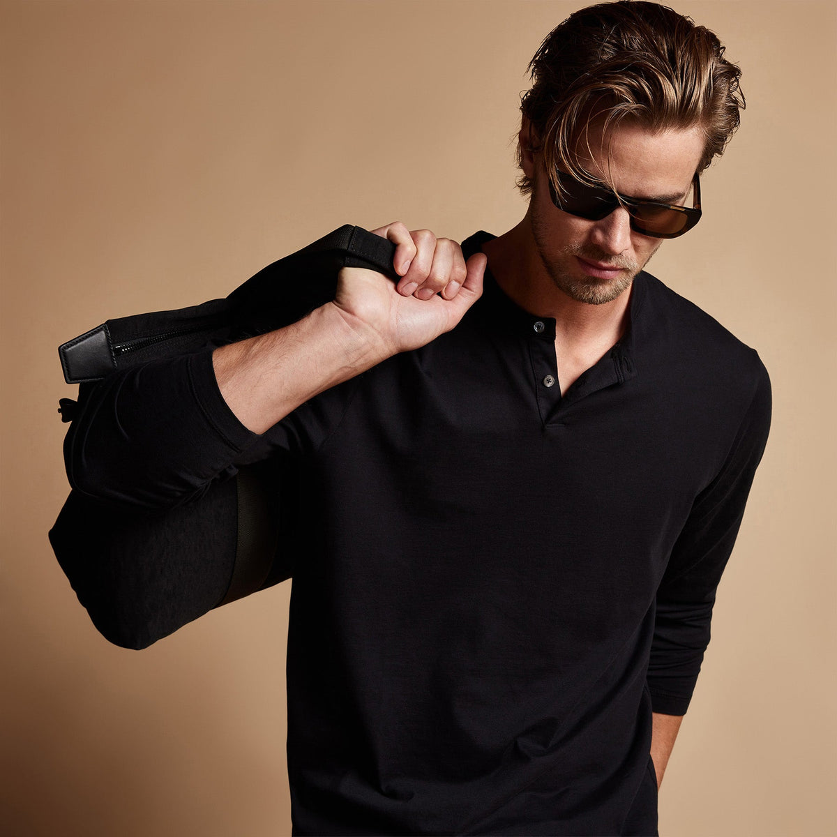 Brushed Elevated Jersey Long Sleeve Henley in Black | James Perse Los Angeles