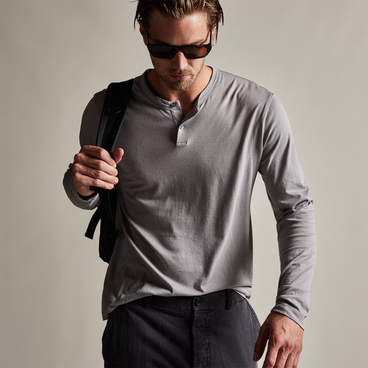 Brushed Elevated Jersey Long Sleeve Henley in Silver Grey | James Perse Los Angeles