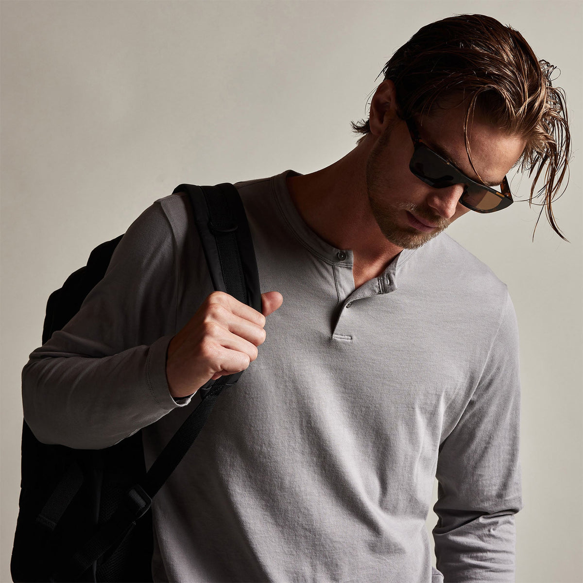 Brushed Elevated Jersey Long Sleeve Henley in Silver Grey | James Perse Los Angeles