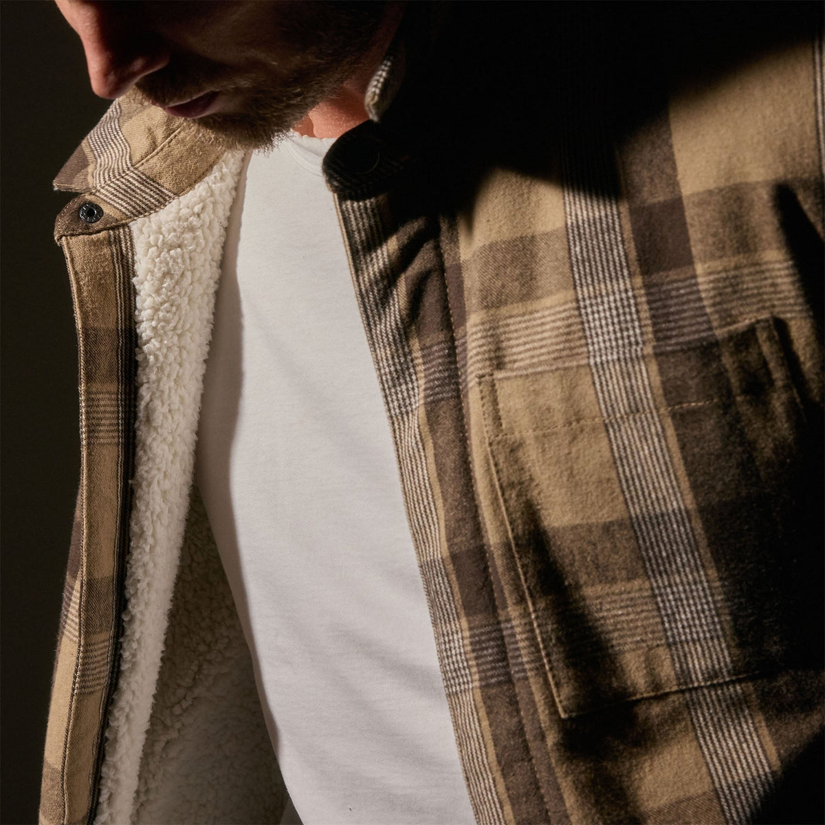 Zip Front Sherpa Lined Plaid Jacket  in Tan/Brown | James Perse Los Angeles
