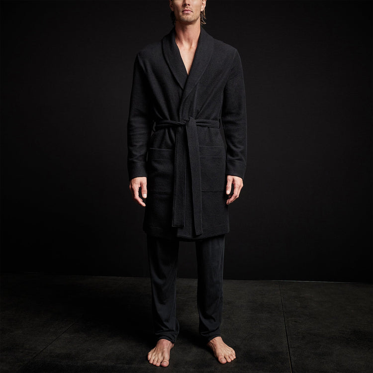 Brushed Thermal Knit Hooded Robe in Black | James Perse Los Angeles