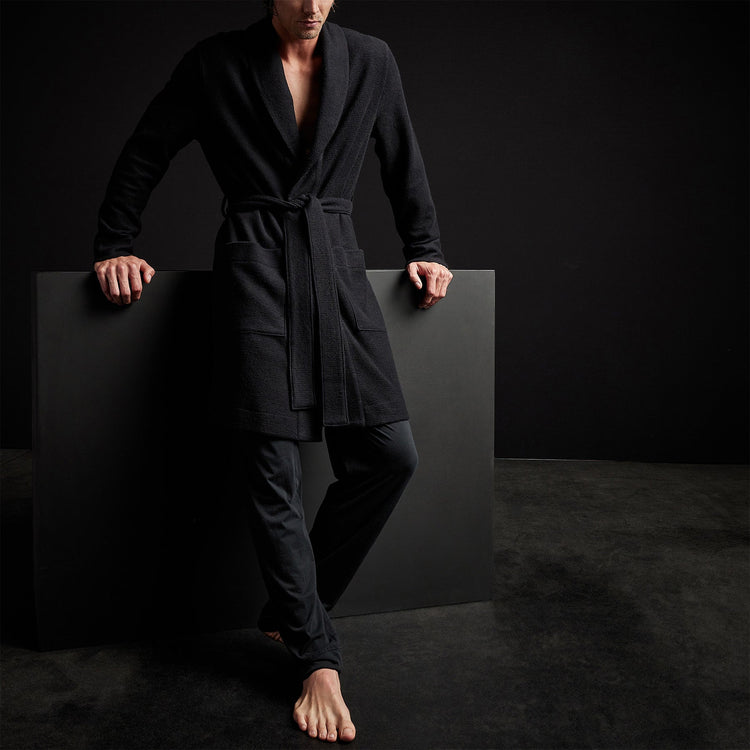 Brushed Thermal Knit Hooded Robe in Black | James Perse Los Angeles