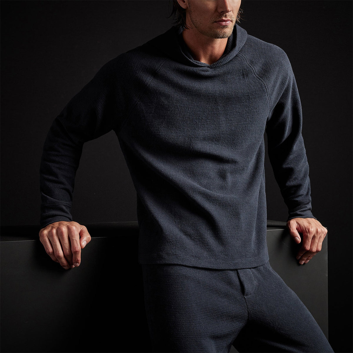 Thermal Knit Hooded Raglan in French Navy | James Perse Los Angeles