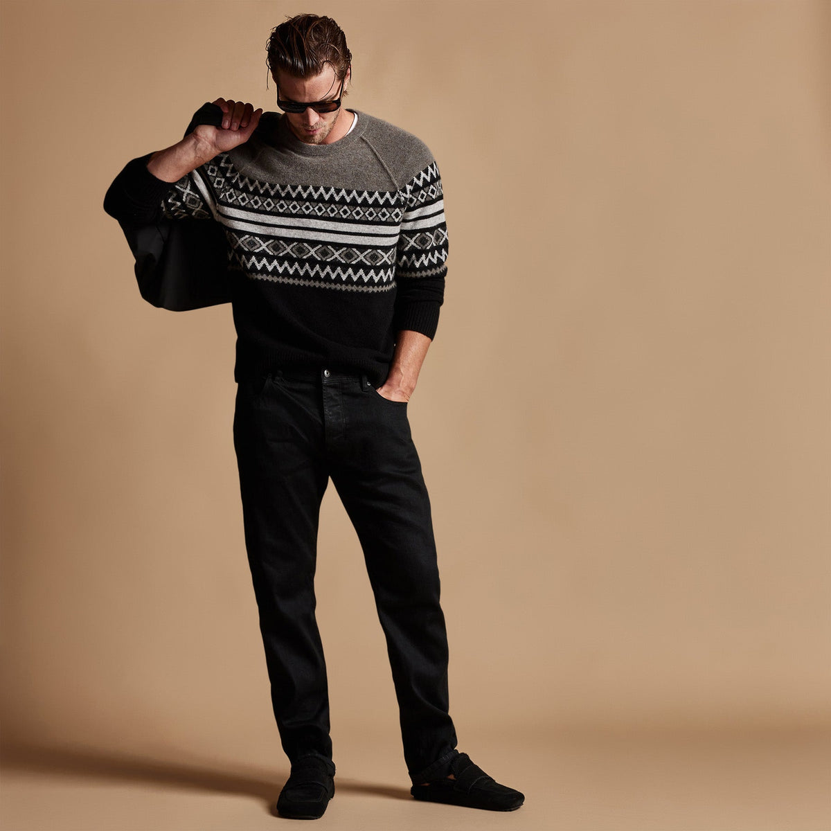 Cotton Cashmere Raglan Crew in Burro/Foggy/Black | James Perse Los Angeles