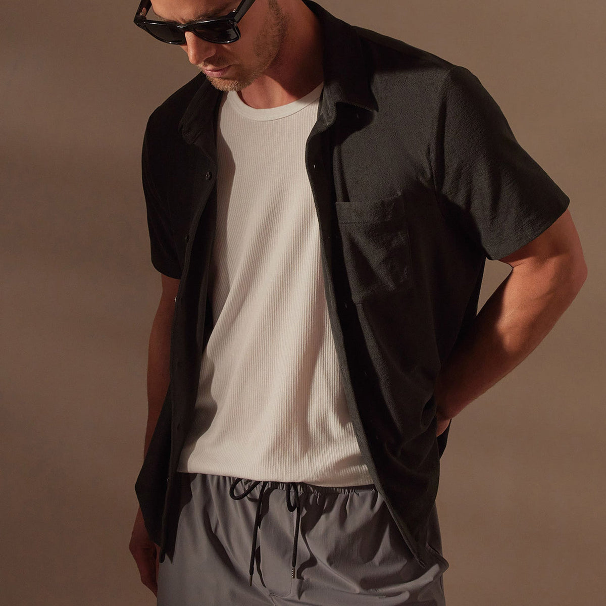 Cotton Terry Placket Short Sleeve in Carbon | James Perse Los Angeles