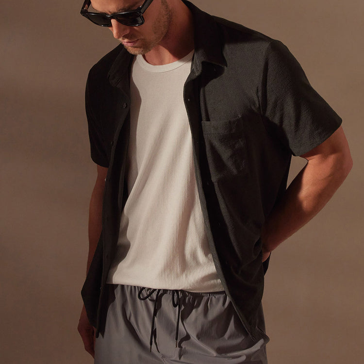 Cotton Terry Placket Short Sleeve in Carbon | James Perse Los Angeles