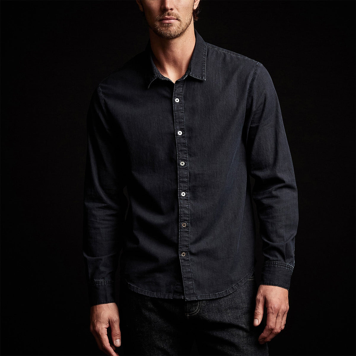 Lightweight Denim Garment Washed Shirt in Blue Black | James Perse Los Angeles