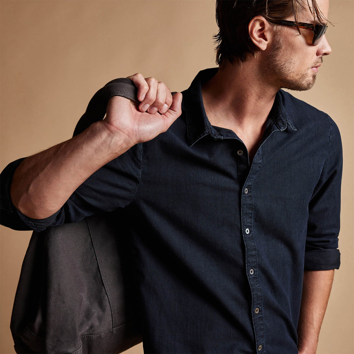 Lightweight Denim Garment Washed Shirt in Blue Black | James Perse Los Angeles