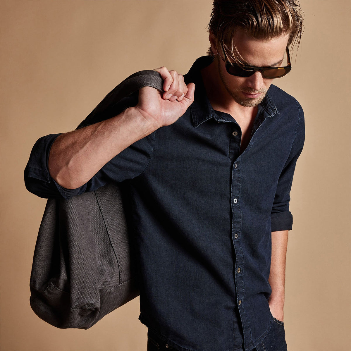 Lightweight Denim Garment Washed Shirt in Blue Black | James Perse Los Angeles