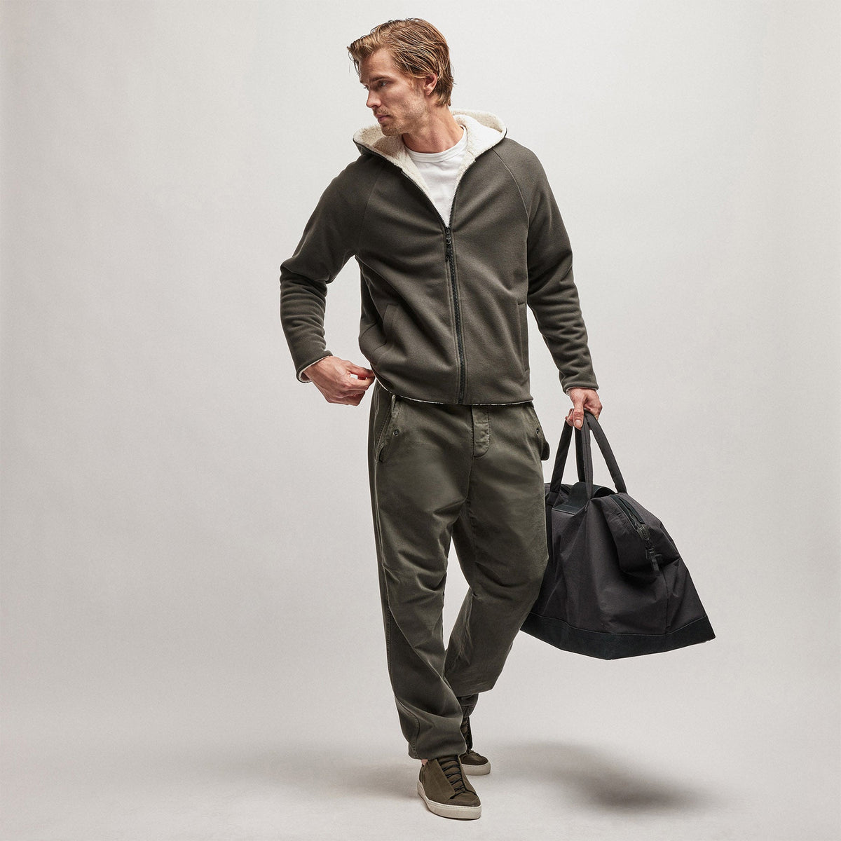 Sherpa Lined Scuba Hoodie in Dark Olive/Cream | James Perse Los Angeles