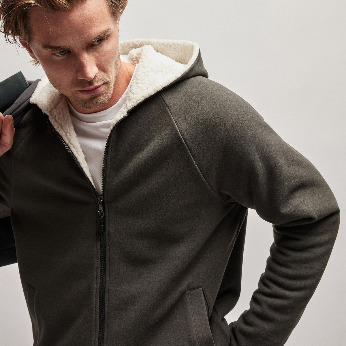Sherpa Lined Scuba Hoodie in Dark Olive/Cream | James Perse Los Angeles