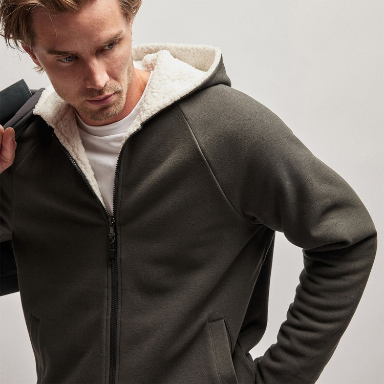Sherpa Lined Scuba Hoodie in Dark Olive/Cream | James Perse Los Angeles