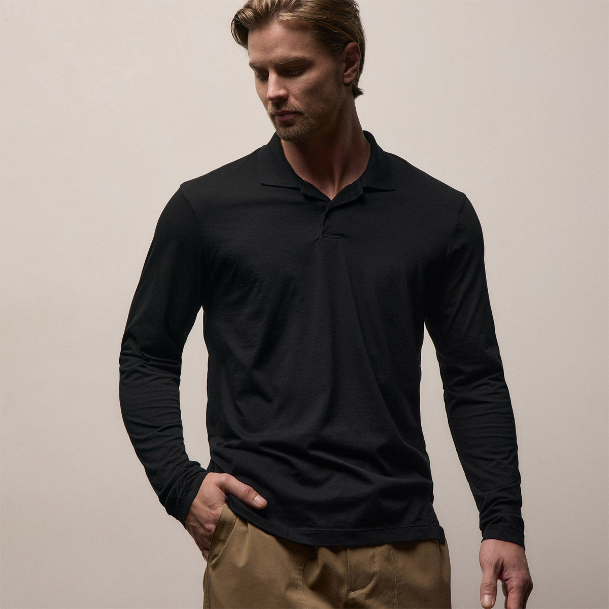 Luxe Lotus Jersey Long Sleeve Polo in Black | James Perse Los Angeles