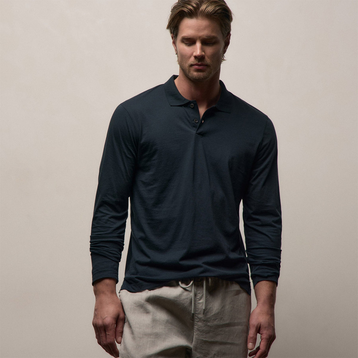 Luxe Lotus Jersey Long Sleeve Polo in French Navy | James Perse Los Angeles