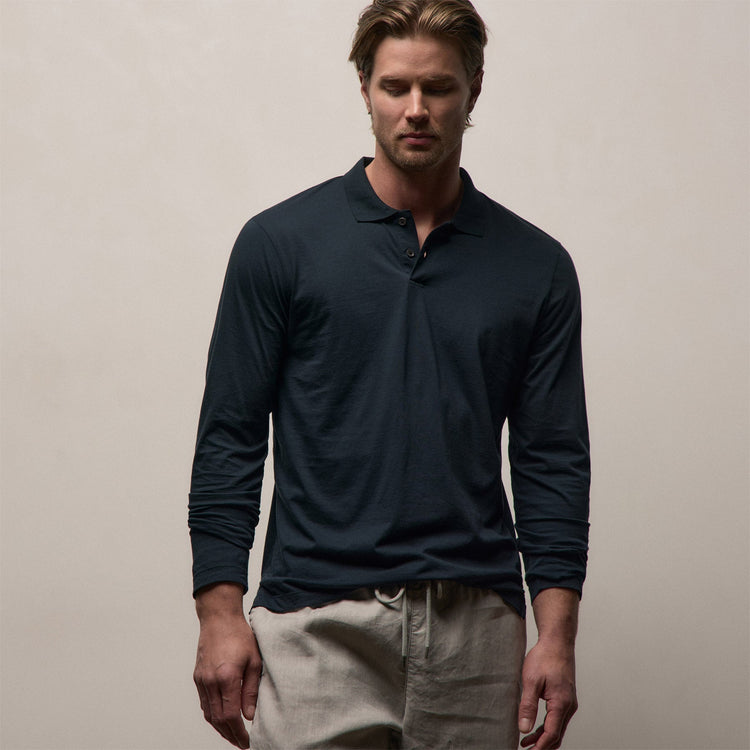 Luxe Lotus Jersey Long Sleeve Polo in French Navy | James Perse Los Angeles