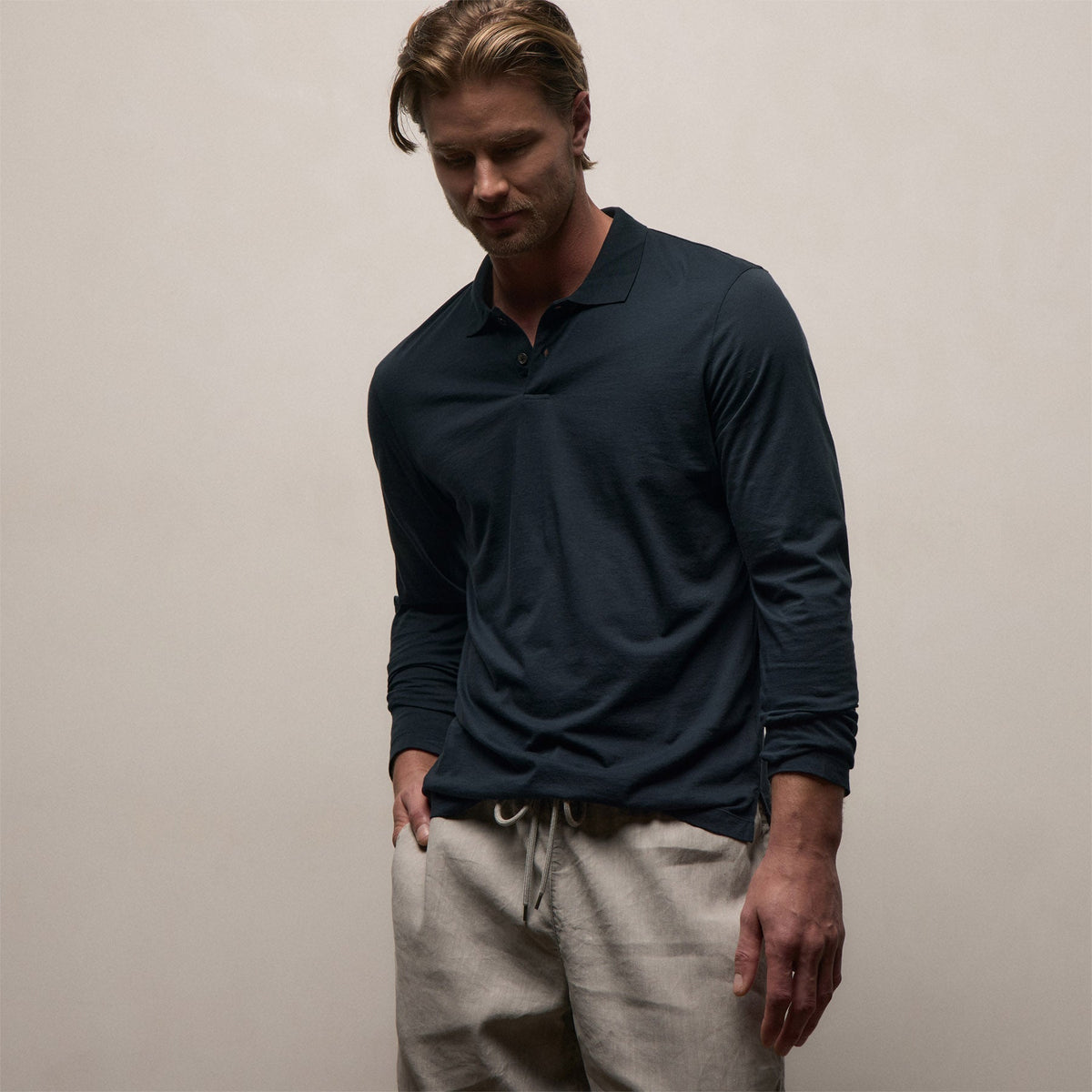 Luxe Lotus Jersey Long Sleeve Polo in French Navy | James Perse Los Angeles