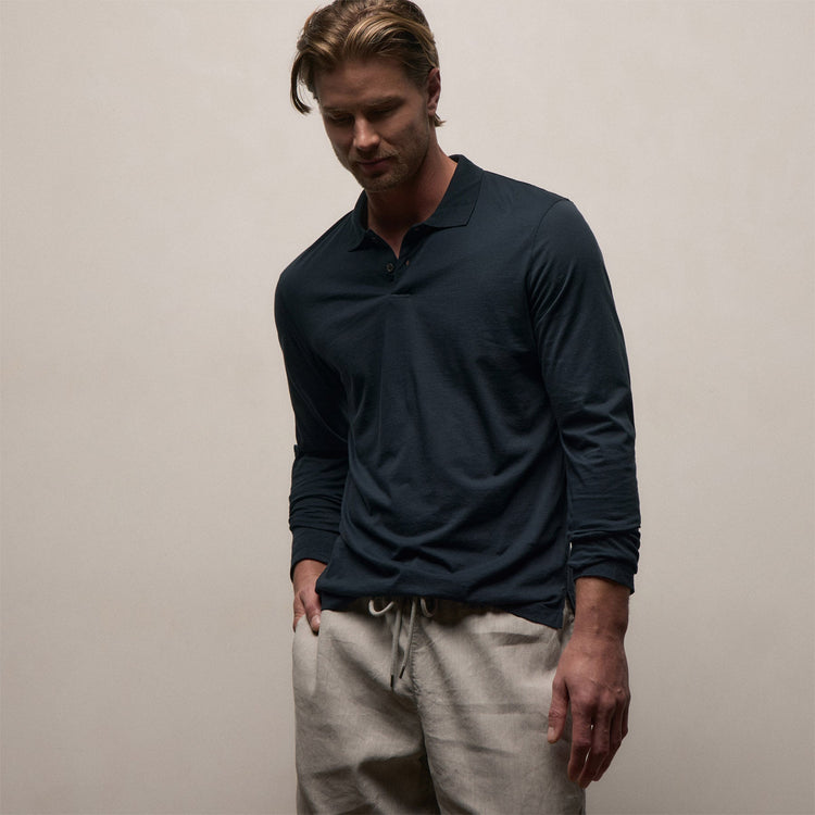 Luxe Lotus Jersey Long Sleeve Polo in French Navy | James Perse Los Angeles
