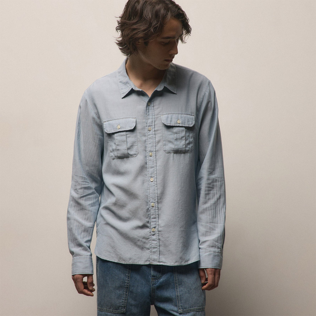 Featherweight Denim Utility Shirt in Bleach Wash | James Perse Los Angeles