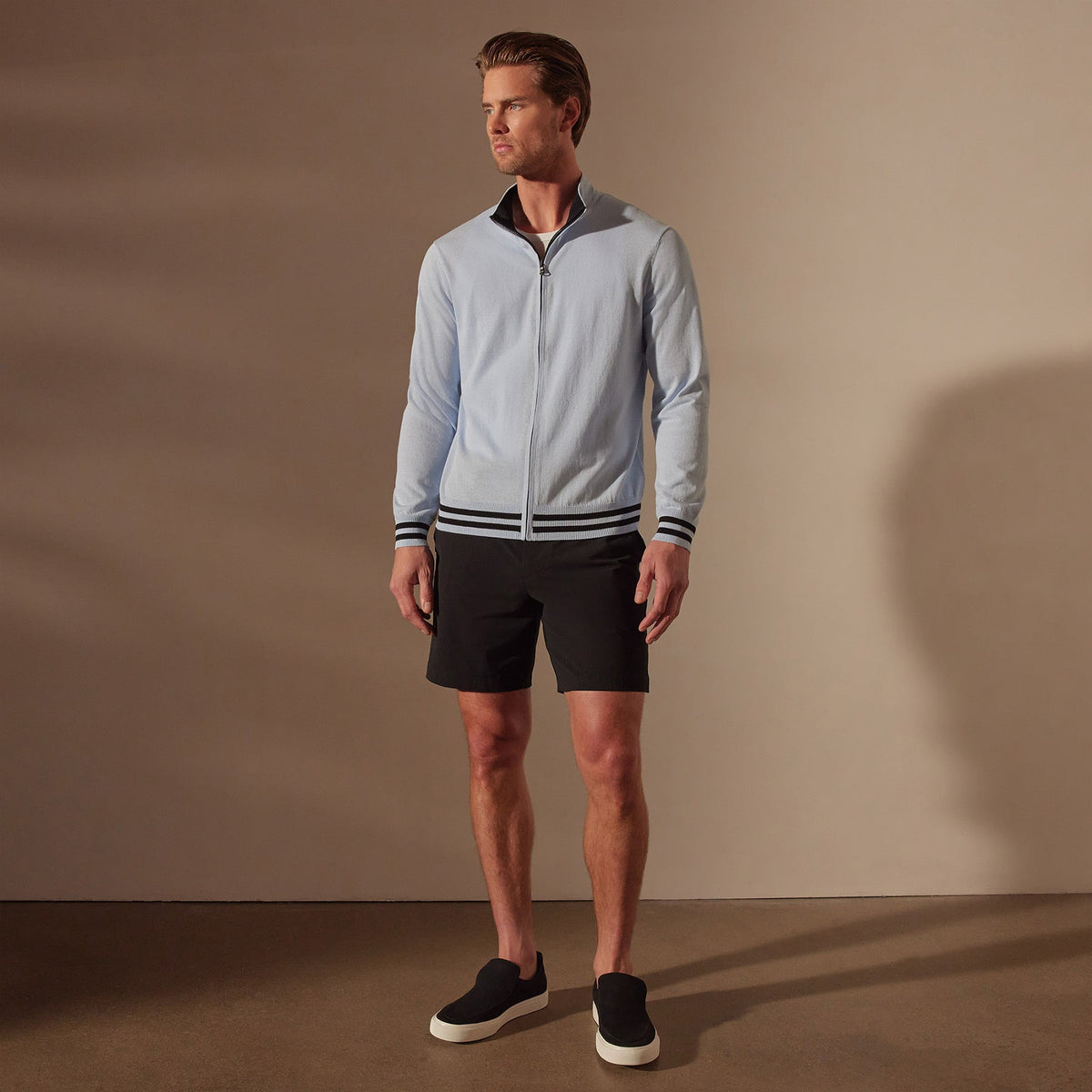 Double Retro Striped Zip Up Cardigan  in Bleached Blue/Black | James Perse Los Angeles