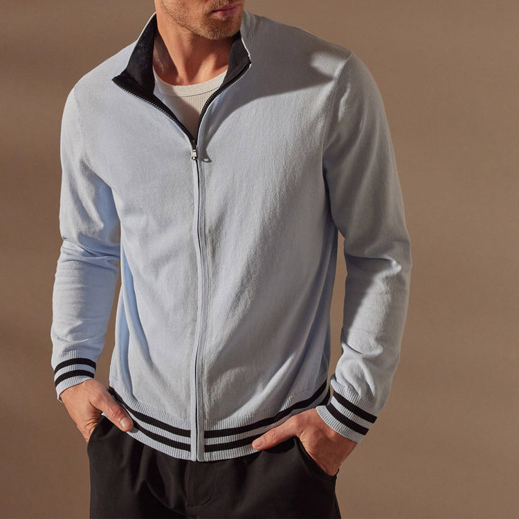 Double Retro Striped Zip Up Cardigan  in Bleached Blue/Black | James Perse Los Angeles