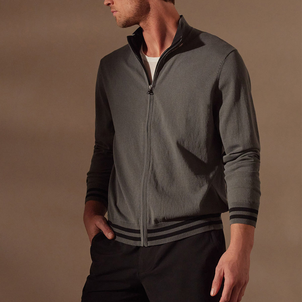 Double Retro Striped Zip Up Cardigan in Flint/Black | James Perse Los Angeles