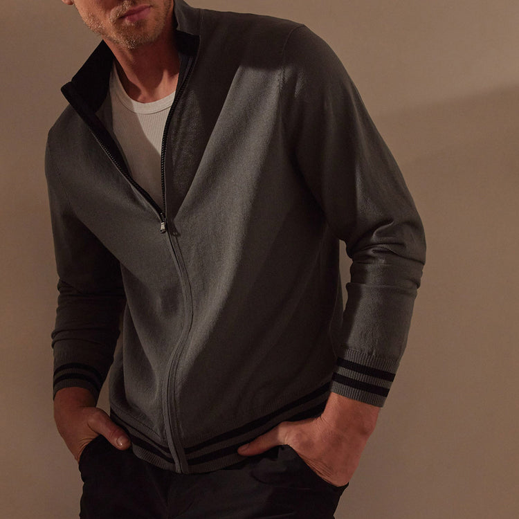 Double Retro Striped Zip Up Cardigan in Flint/Black | James Perse Los Angeles