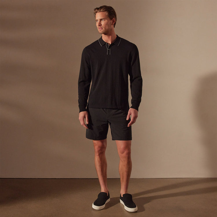 Stretch Cotton Long Sleeve Polo Sweater in Black/Flint | James Perse Los Angeles