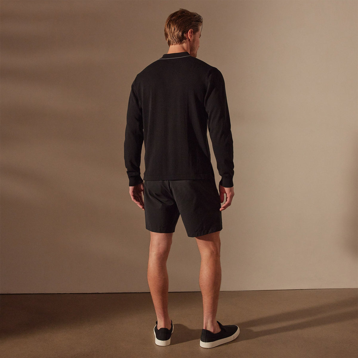 Stretch Cotton Long Sleeve Polo Sweater in Black/Flint | James Perse Los Angeles