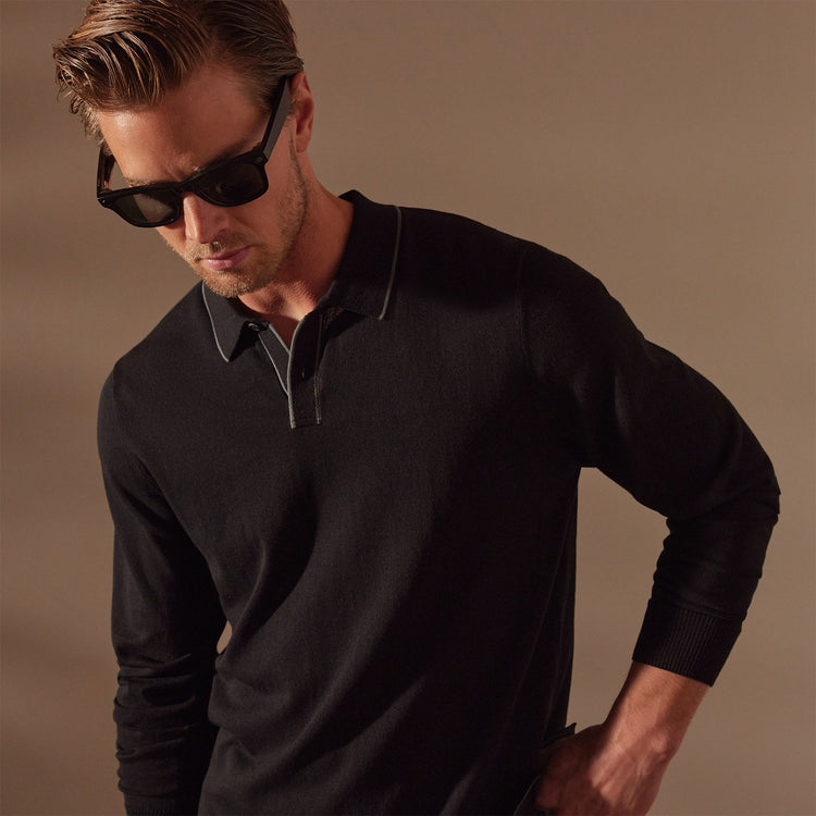 Stretch Cotton Long Sleeve Polo Sweater in Black/Flint | James Perse Los Angeles