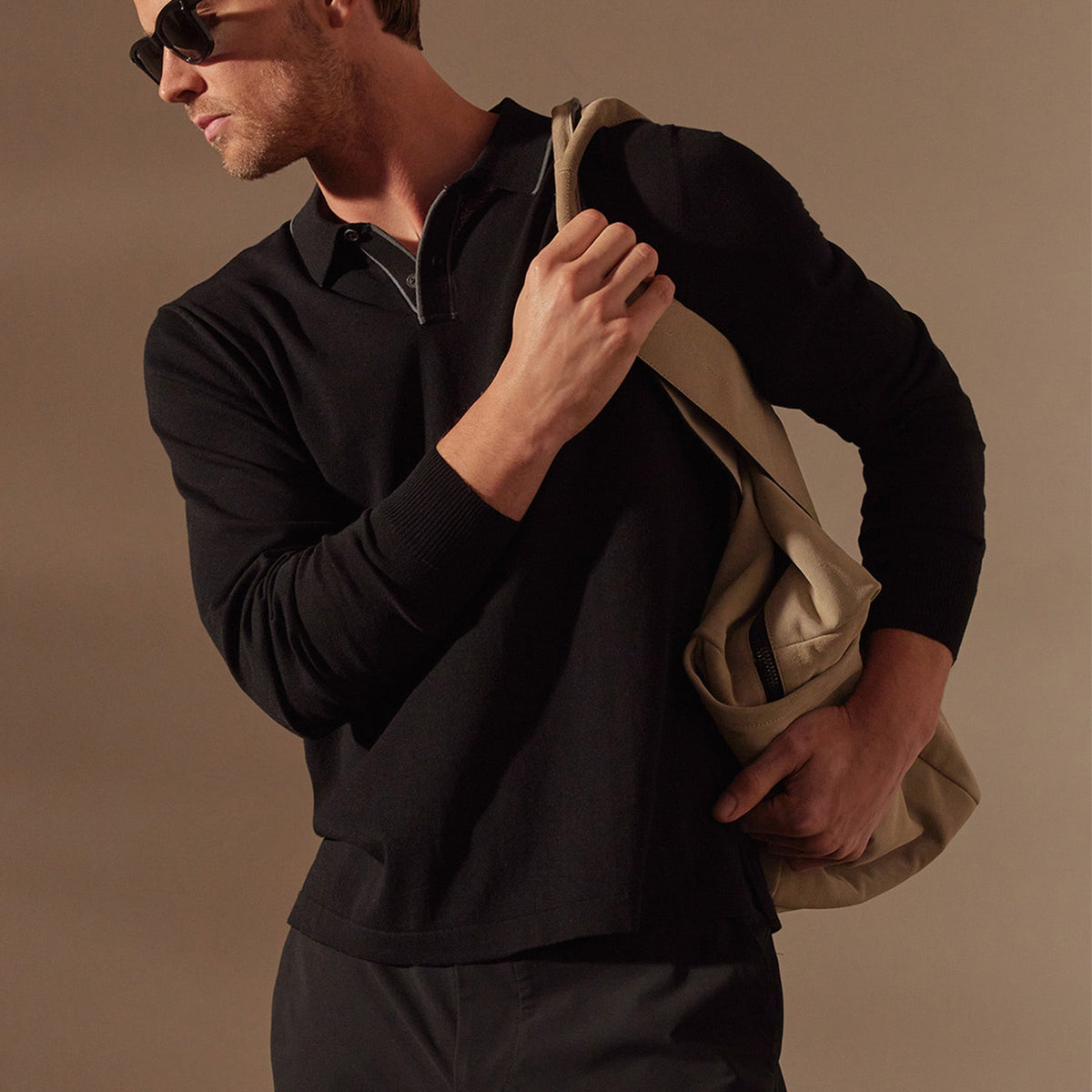 Retro Tipped Long Sleeve Polo in Black/Flint | James Perse Los Angeles