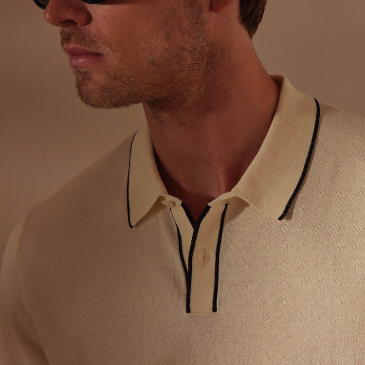 Retro Tipped Long Sleeve Polo in Ivory/Black | James Perse Los Angeles