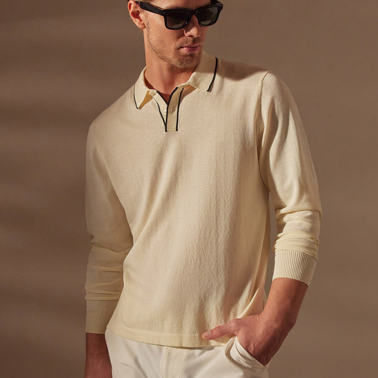 Retro Tipped Long Sleeve Polo in Ivory/Black | James Perse in Los Angeles