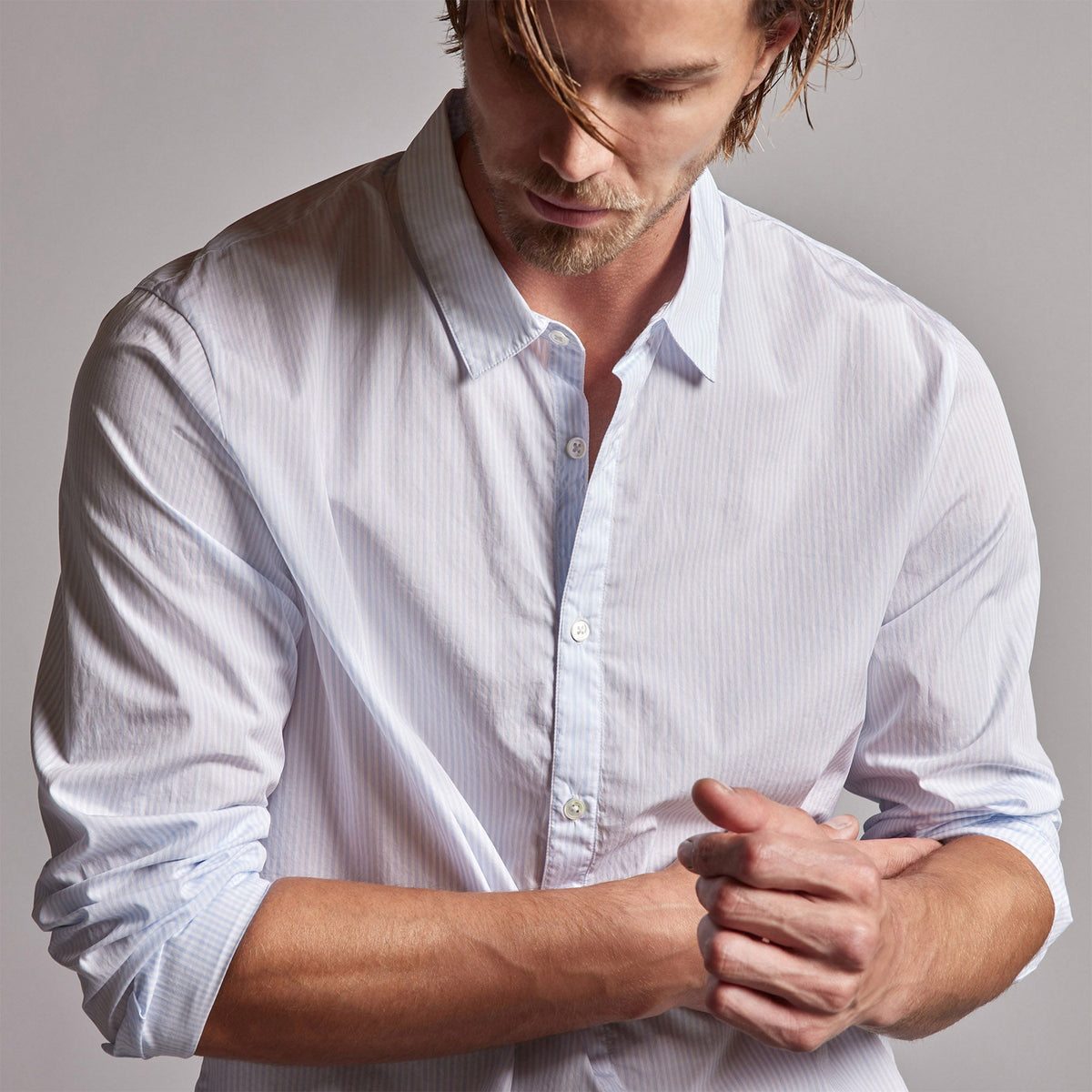 Poplin Striped Shirt in Light Blue Stripe | James Perse Los Angeles