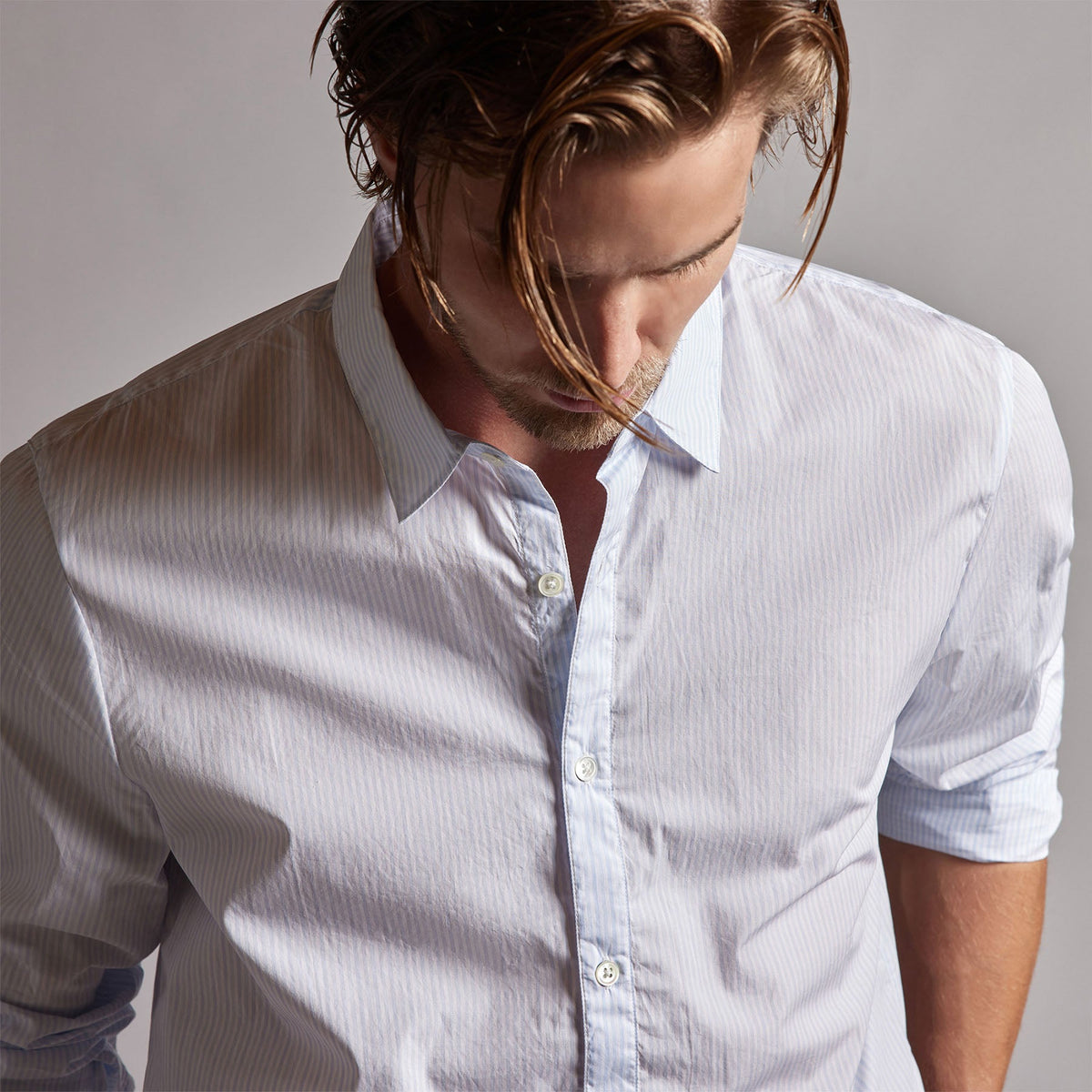 Poplin Striped Shirt in Light Blue Stripe | James Perse Los Angeles