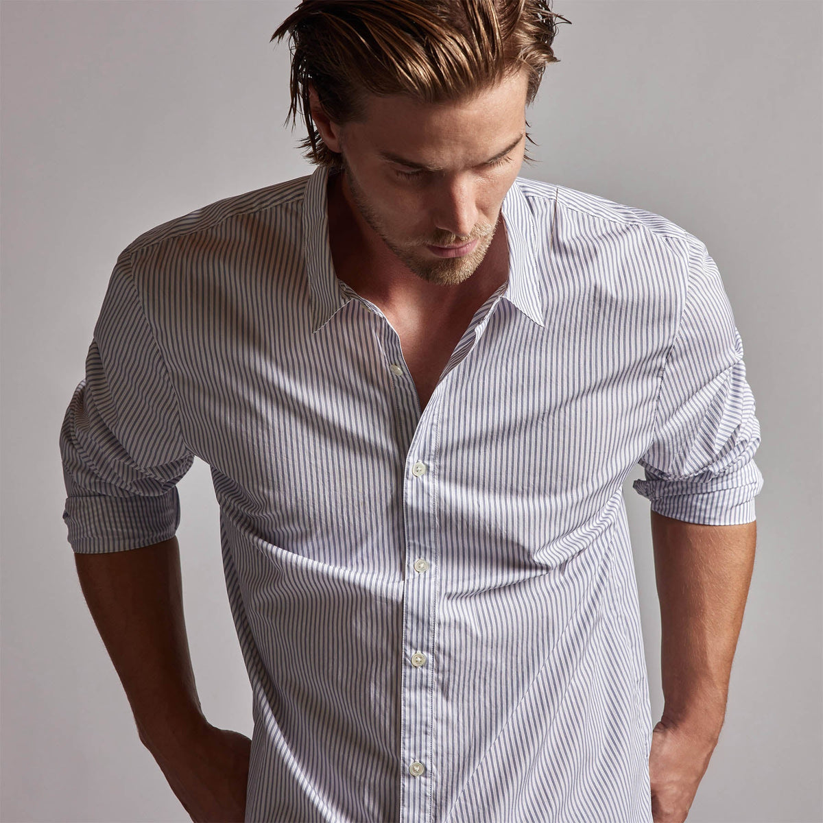 Poplin Striped Shirt in Navy Stripe | James Perse Los Angeles