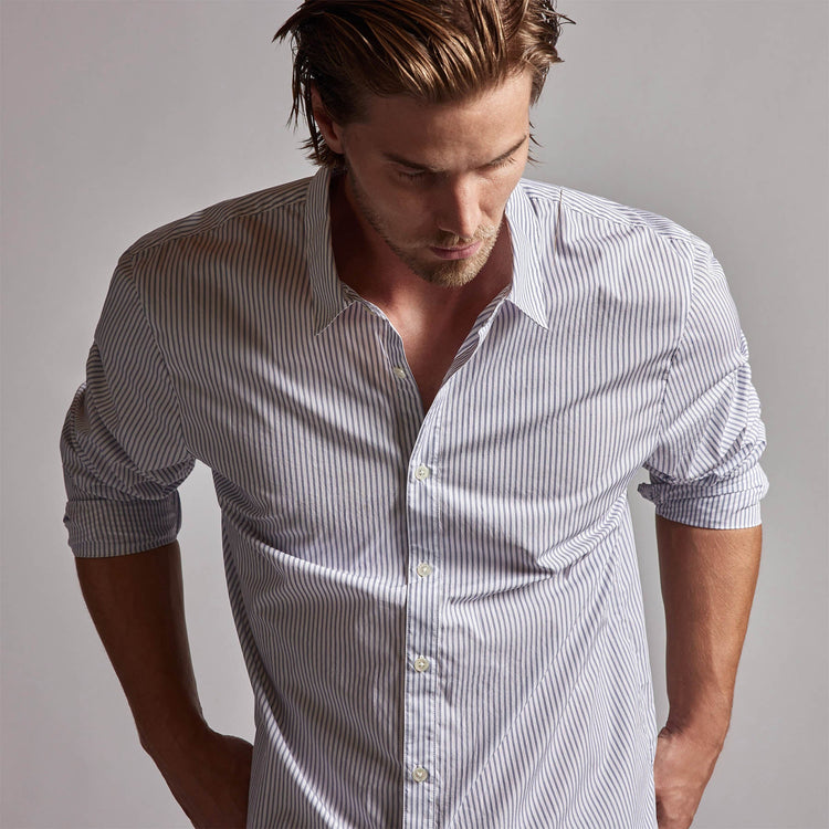 Poplin Striped Shirt in Navy Stripe | James Perse Los Angeles