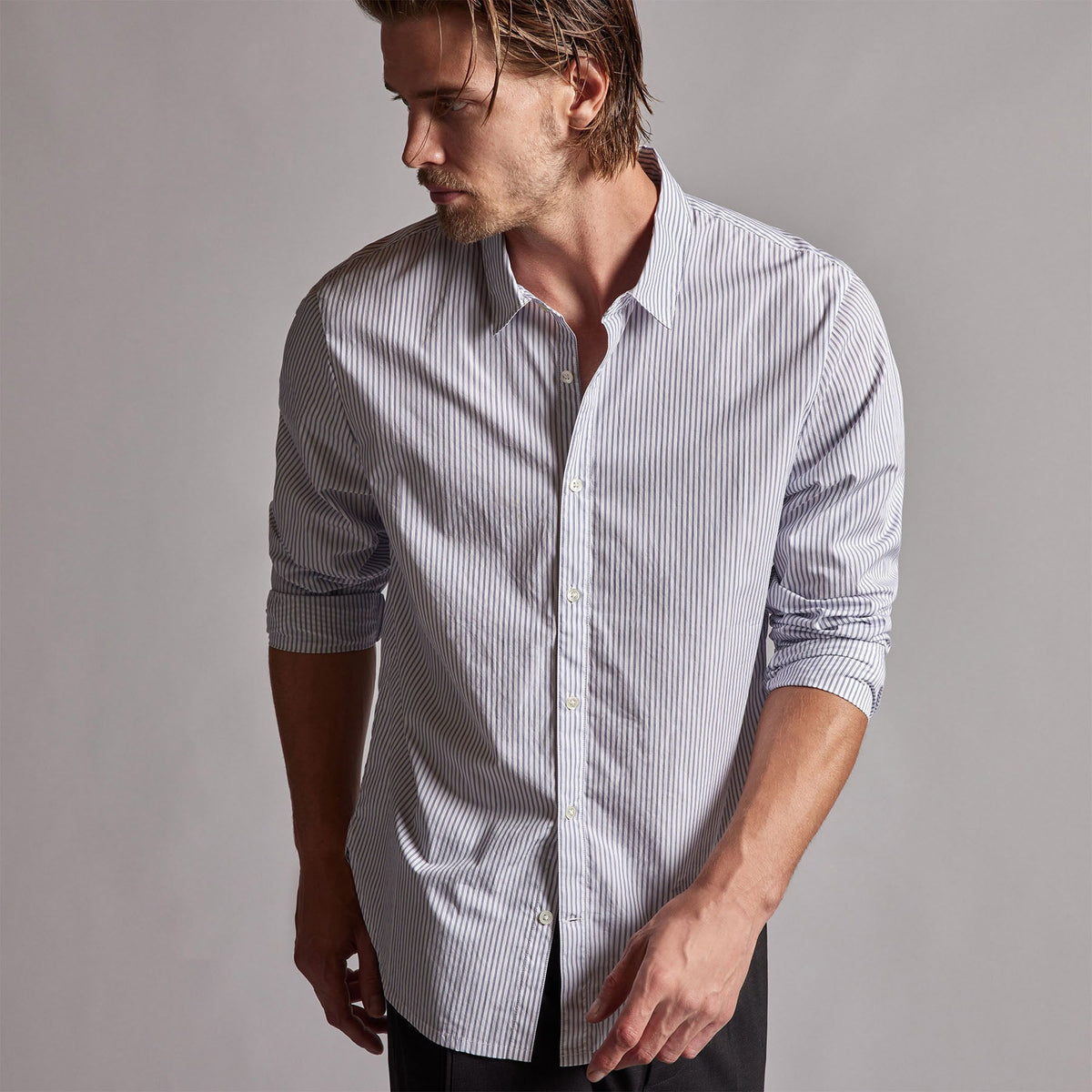 Poplin Striped Shirt in Navy Stripe | James Perse Los Angeles